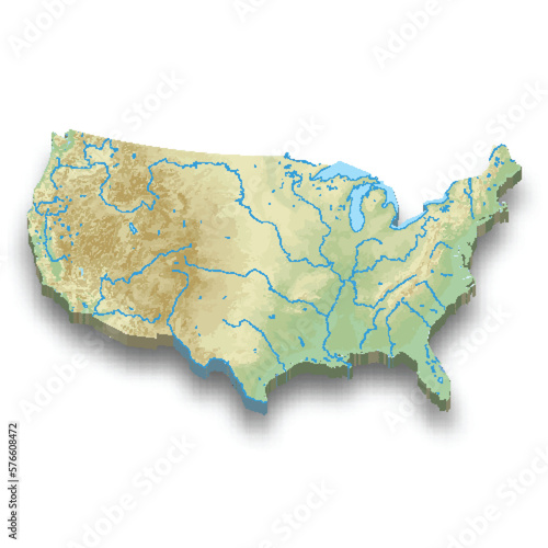 3d isometric relief map of United States