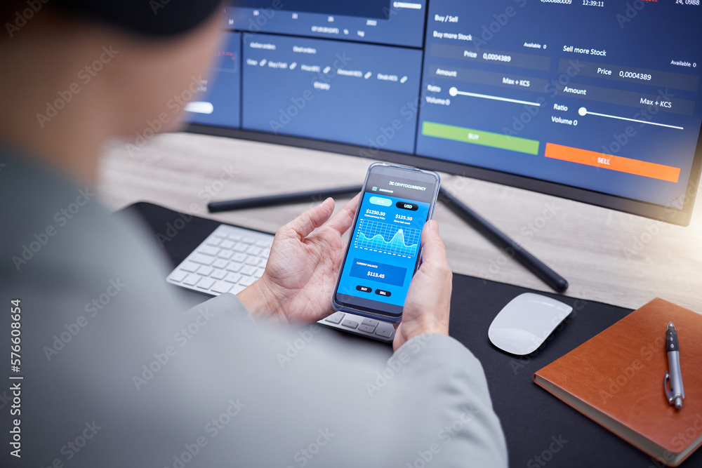 Hands, phone and computer in trading for cryptocurrency, NFT or blockchain monitoring, chart or profit of investment. Hand of trader or broker with smartphone app on stock market for ecommerce Hands, phone and computer in trading for cryptocurrency, NFT or blockchain monitoring, chart or profit of investment. Hand of trader or broker with smartphone app on stock market for ecommerce