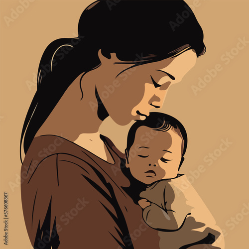 Woman holding her infant baby in her arms. Logo symbol of motherhood and love. Card for the Happy Mother's Day. Mom and newborn baby. Touching portrait. Generative AI	