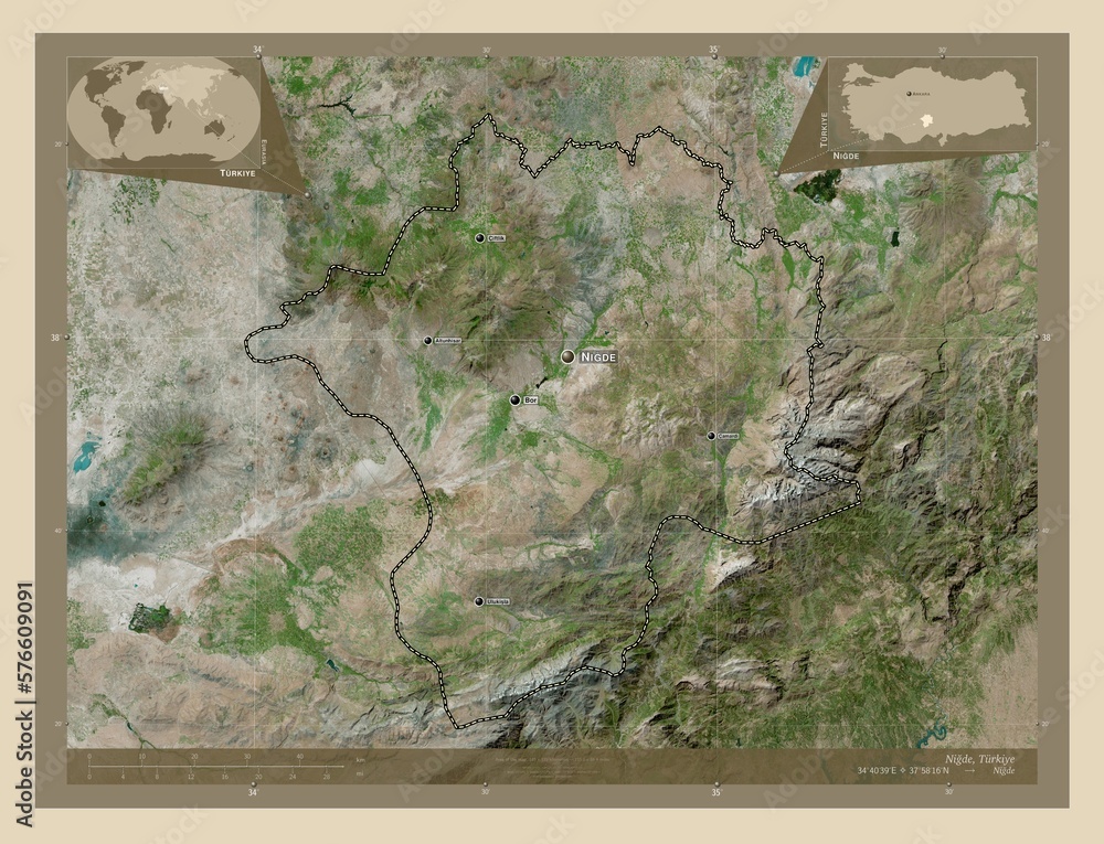 Fototapeta premium Nigde, Turkiye. High-res satellite. Labelled points of cities