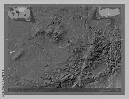 Nigde, Turkiye. Grayscale. Labelled points of cities photo