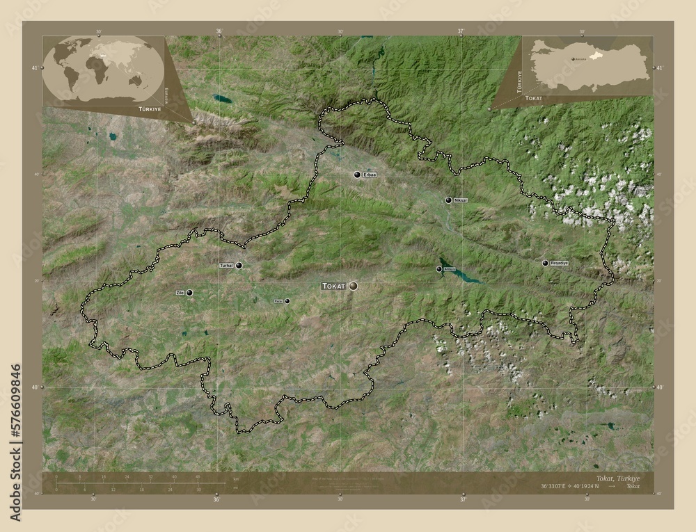 Fototapeta premium Tokat, Turkiye. High-res satellite. Labelled points of cities