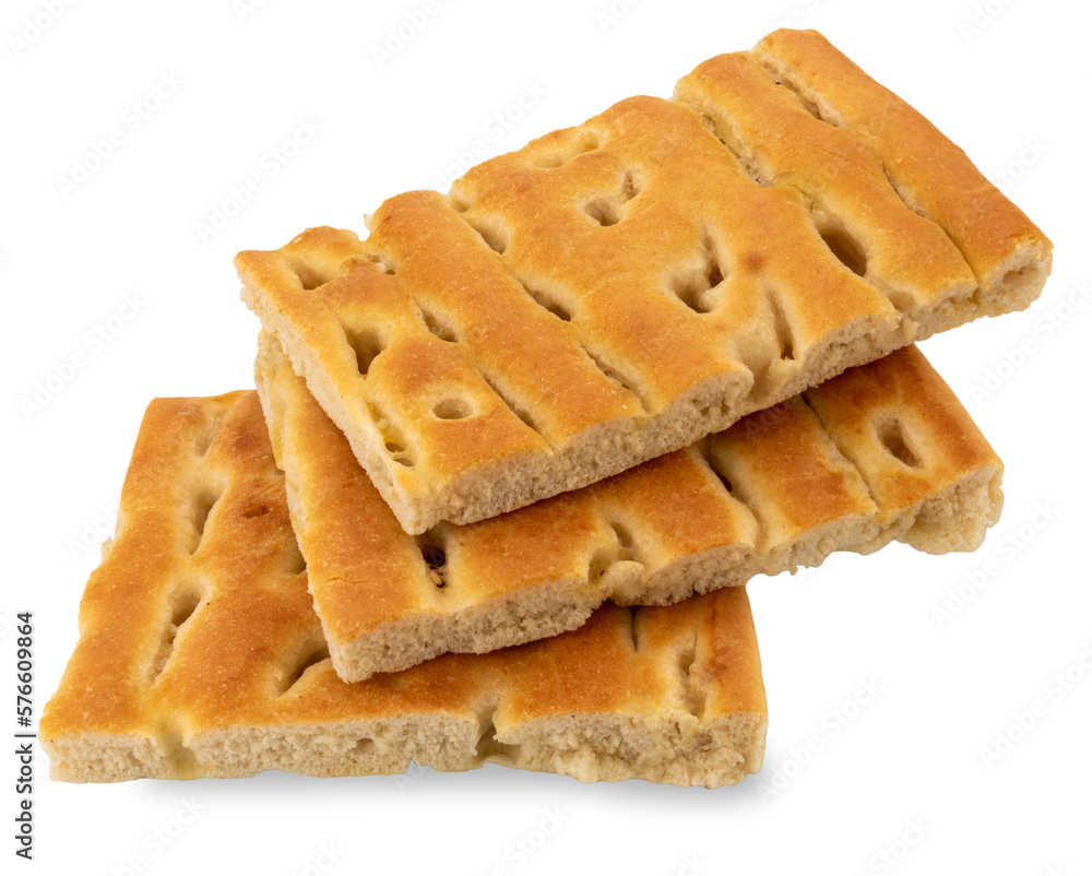 Focaccia bread ligurian tipical of Genova - bread of sourdough and olive oil - stack of three slices Focaccia bread ligurian tipical of Genova - bread of sourdough and olive oil - stack of three slices