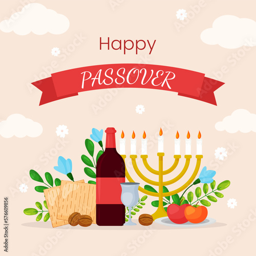 Vector Passover greeting card template banner. Pesach poster with matzo, wine bottle, candles, book, spring flowers on pink background. Jewish holiday square invitation, flyer, brochure for event