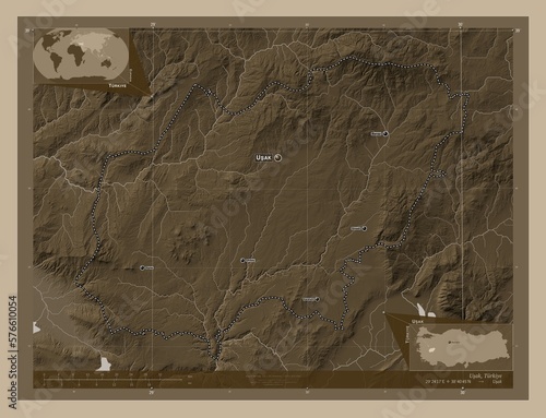 Usak, Turkiye. Sepia. Labelled points of cities photo