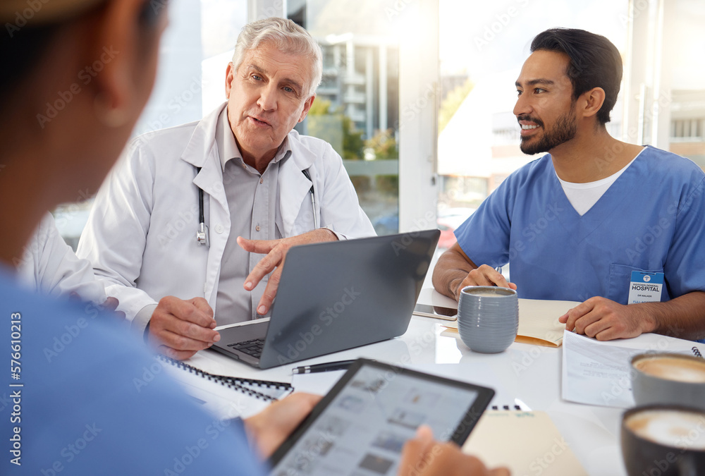 Team work, planning or doctors in meeting for a strategy or working on laptop in hospital for healthcare. Senior, medical research or nurses talking, speaking or helping innovation or ideas together