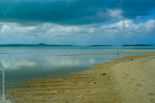 Sun illuminated beach below dark storm clouds .