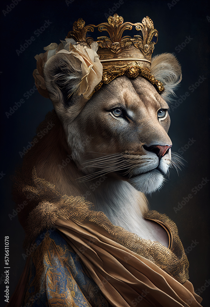 Lioness dressed as a queen. Queen of the animals Stock Illustration