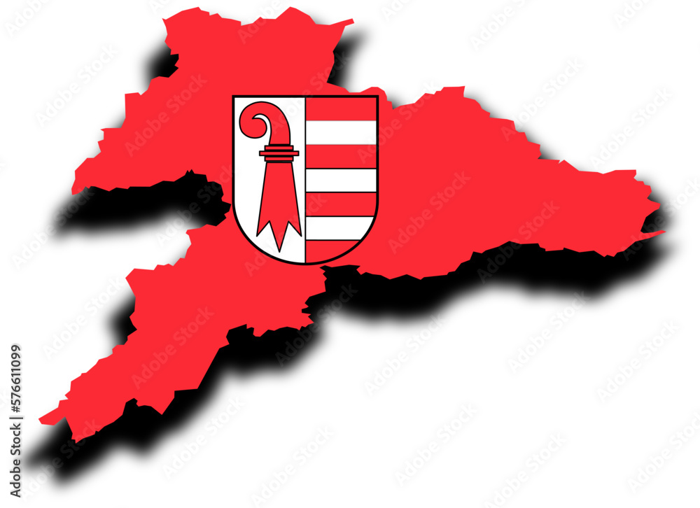 Red and white map with border of Swiss Canton Jura combined with coat