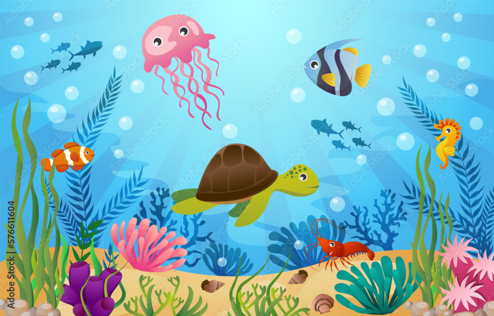 Sea life animals with ocean scene . Cartoon style . Vector . Sea life animals with ocean scene . Cartoon style . Vector .