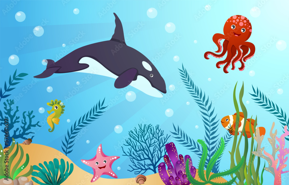 Sea life animals with ocean scene . Cartoon style . Vector . Sea life animals with ocean scene . Cartoon style . Vector .