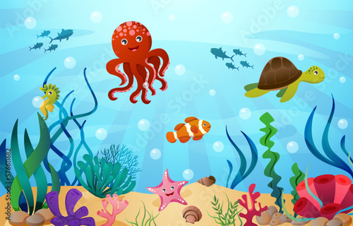 Sea life animals with ocean scene . Cartoon style . Vector .