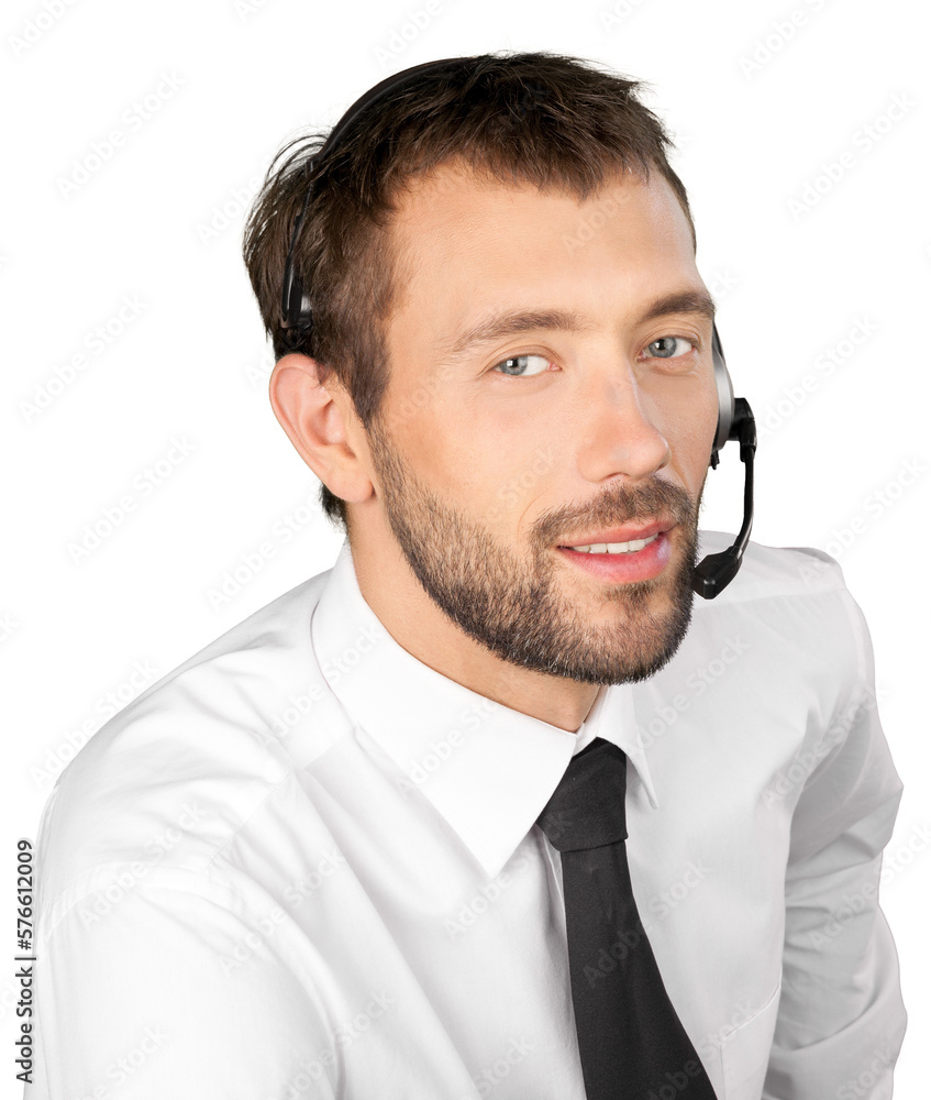 Smiling man with headset isolated on white Smiling man with headset isolated on white