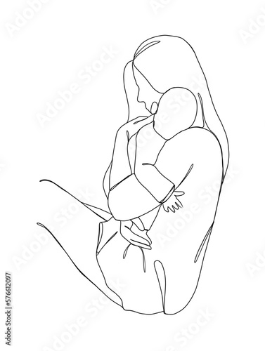 Continuous one line drawing of mom holding baby. Vector illustration.