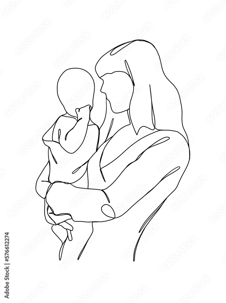 Continuous one line drawing of mom holding baby. Vector illustration. Continuous one line drawing of mom holding baby. Vector illustration.