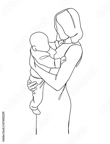 Continuous one line drawing of mom holding baby. Vector illustration.