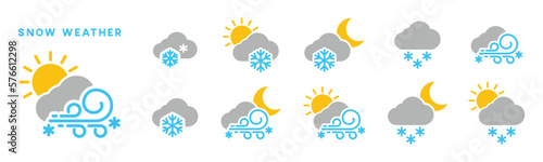 Snowfall weather icon set. Snow weather icons collection. Weather day and night snowing, blizzard symbol in colour style for apps and websites, vector illustration