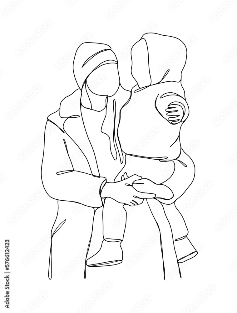 Continuous one line drawing of mom holding baby. Vector illustration. Continuous one line drawing of mom holding baby. Vector illustration.
