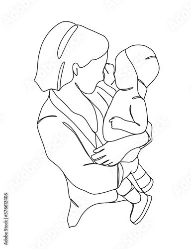 Continuous one line drawing of mom holding baby. Vector illustration.