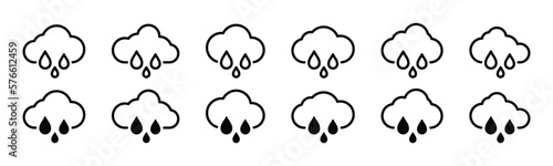 Rainy weather icon set. Heavy rain weather icons collection. Rainfall icon symbol. Raindrops and clouds symbol in line or outline style for apps and websites, vector illustration