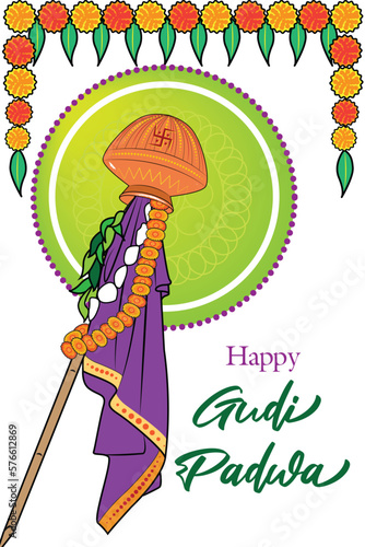 easy to edit vector illustration of Gudhi Padwa spring festival for traditional New Year for Marathi and Konkani Hindus celebrated in Maharashtra and Goa