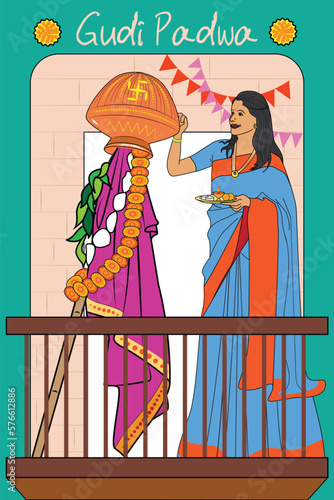easy to edit vector illustration of Gudhi Padwa spring festival for traditional New Year for Marathi and Konkani Hindus celebrated in Maharashtra and Goa