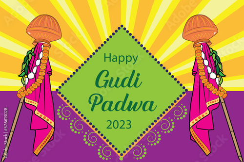easy to edit vector illustration of Gudhi Padwa spring festival for traditional New Year for Marathi and Konkani Hindus celebrated in Maharashtra and Goa
