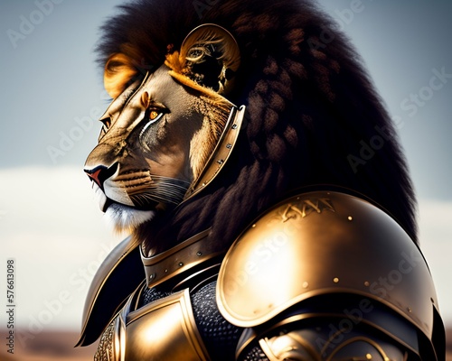 closeup portrait of a male humanoid lion wearing heavy gold combat armor, realistic illustration of the king of jungle standing like a majestic warrior ready for a battle, Generative Ai