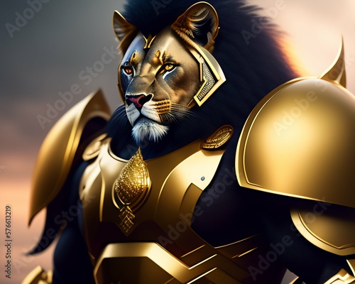 closeup portrait of a male humanoid lion wearing heavy gold combat armor, realistic illustration of the king of jungle standing like a majestic warrior ready for a battle, Generative Ai photo
