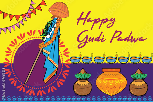 easy to edit vector illustration of Gudhi Padwa spring festival for traditional New Year for Marathi and Konkani Hindus celebrated in Maharashtra and Goa