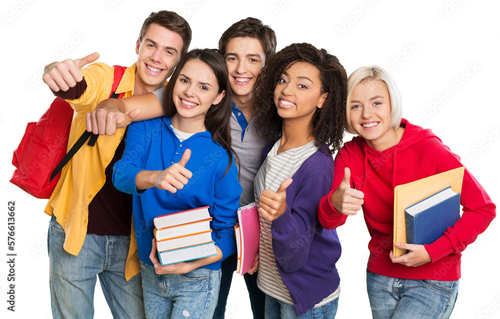 Group of Students with books gesturing thumbs up isolated on white background Group of Students with books gesturing thumbs up isolated on white background