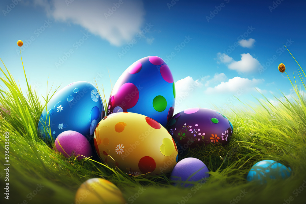 Colorful easter eggs in a grass on a sunny spring meadow. AI