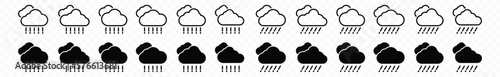 Rain weather icon set. Heavy rain weather icons collection. Rainfall icon on transparent background. Raindrops and clouds symbol in line and flat style for apps and websites, vector illustration