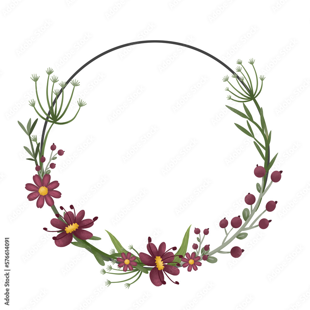 Invitation design frame template with burgundy flowers and green leaves. Background round wreath with floral elements. 
