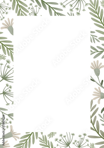 Simple floral frame card. Hand painted border template with delicate flowers and leaves isolated on white background. 