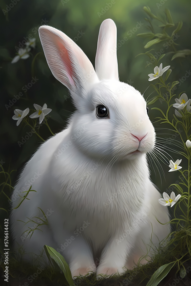 Fototapeta premium white rabbit on the grass, generative AI