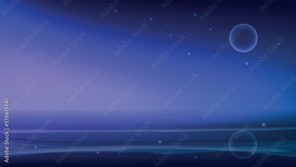 Fototapeta premium Vector night sea view. Amazing moonscape background. Calming minimal illustration. Nature background with place for text. 