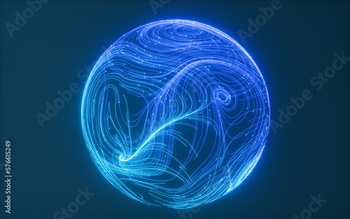 Abstract flowing lines and glowing particles, 3d rendering.