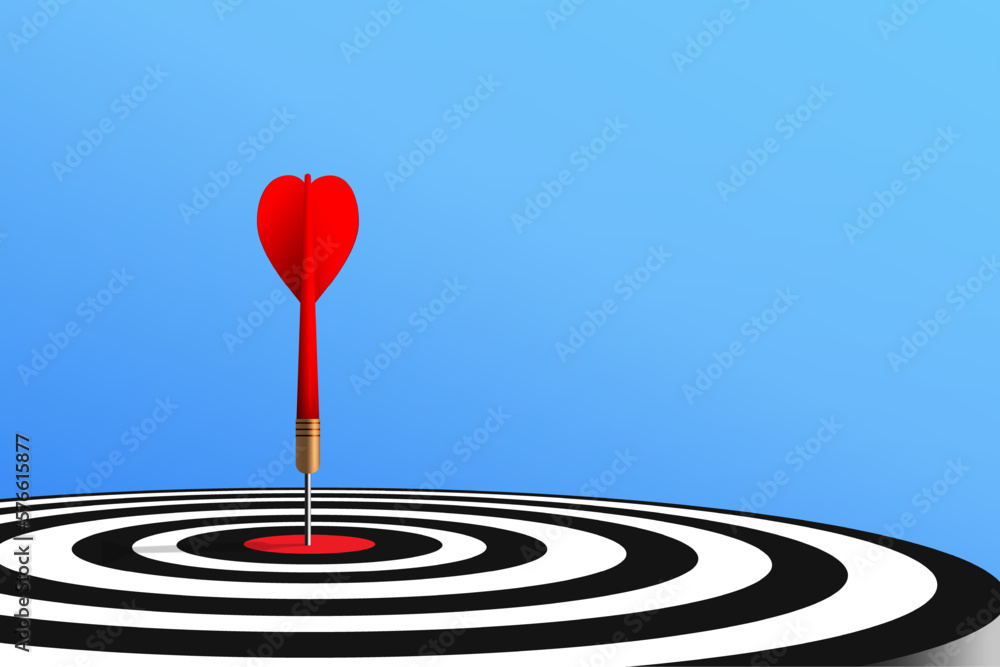 Red dart hit to center of dartboard with blue gradient background. Arrow on bullseye in target. Business success, investment goal, opportunity challenge, aim strategy, achievement focus concept. Red dart hit to center of dartboard with blue gradient background. Arrow on bullseye in target. Business success, investment goal, opportunity challenge, aim strategy, achievement focus concept.