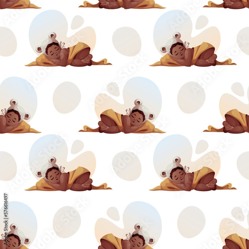 Seamless pattern with baby girl sleeping in hat with ears. Newborn, Childbirth, Baby care, babyhood, childhood, infancy concept. Vector illustration.