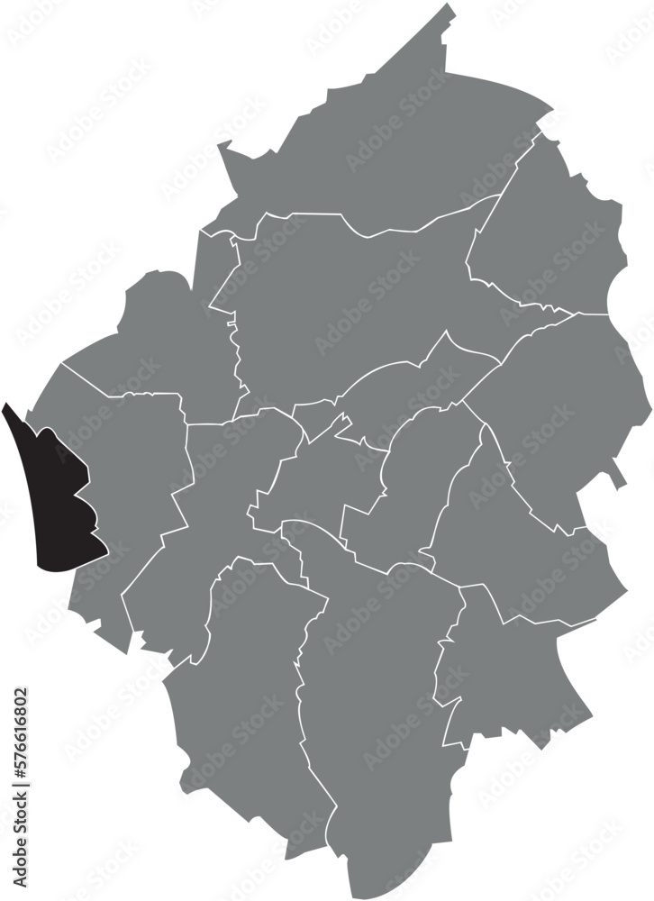 Black flat blank highlighted location map of the GOUTROUX MUNICIPALITY inside gray administrative map of CHARLEROI, Belgium