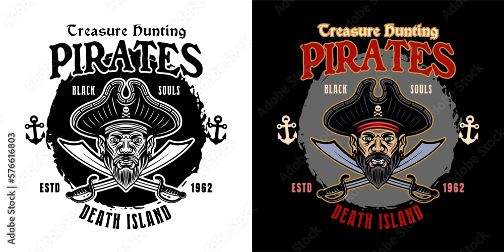 Obraz premium Pirates treasure hunting vector emblem. Illustration in two styles black on white and colorful on dark background