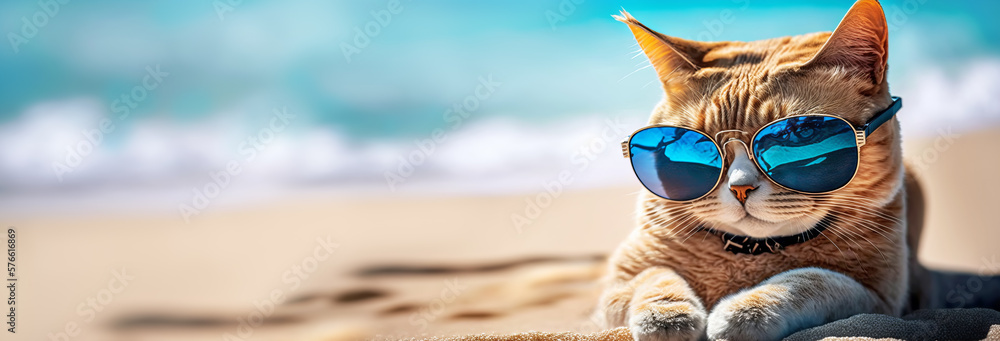 Portrait of chilling cat in trendy sunglasses on sandy shore of beautiful ocean. Banner format. Generative AI illustration - obrazy, fototapety, plakaty 
