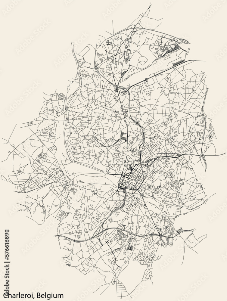 Fototapeta premium Detailed hand-drawn navigational urban street roads map of the Belgian city of CHARLEROI, BELGIUM with solid road lines and name tag on vintage background