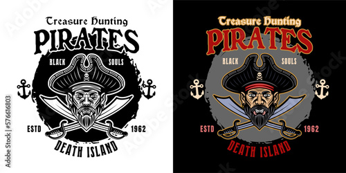 Pirates treasure hunting vector emblem. Illustration in two styles black on white and colorful on dark background