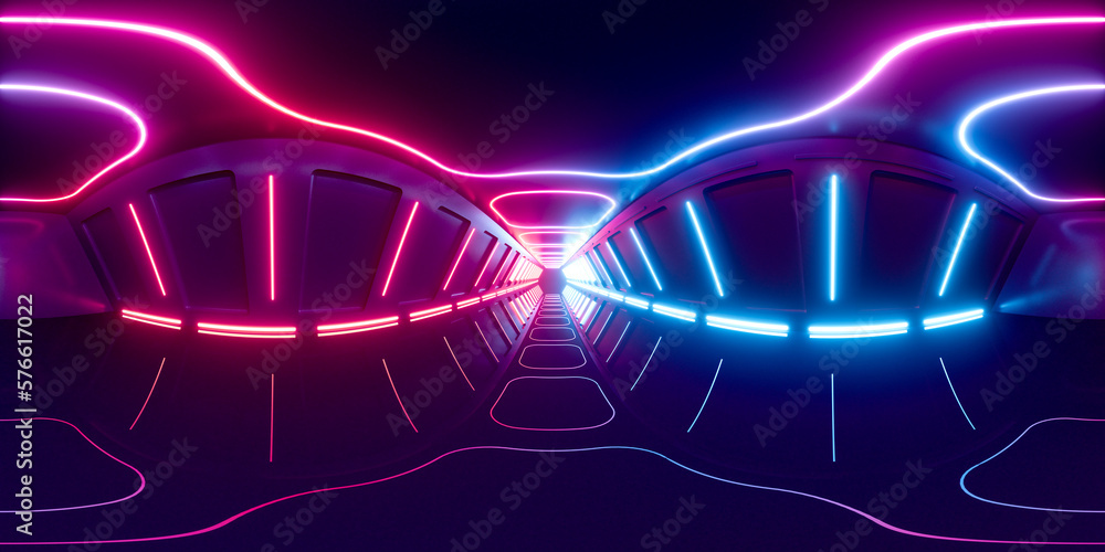 Fototapeta premium Neon tunnel 360 panorama background, 3d rendering.