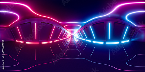 Neon tunnel 360 panorama background, 3d rendering.