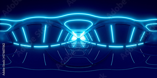 Fototapeta Naklejka Na Ścianę i Meble -  Neon tunnel 360 panorama background, 3d rendering.