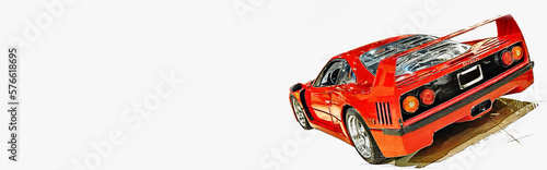 Ferrari F40 mid-engine, sports car built from 1987 to 1992, designed to celebrate Ferrari's 40th Anniversary, last model approved by Enzo Ferrari. Illustration isolated on white with copy space.