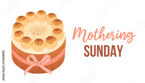 Mothering Sunday banner with simnel cake on white. Mothering Sunday greeting card template with text vector